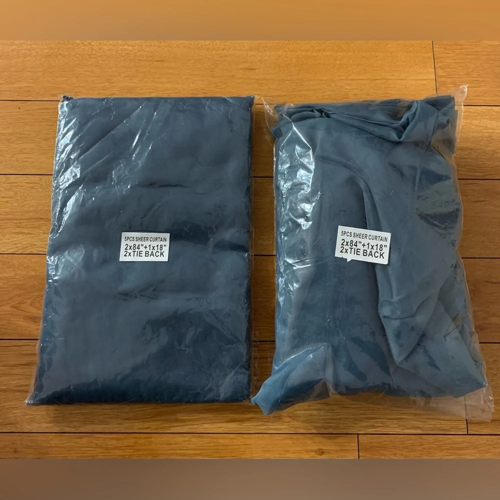Blue Sheer Curtains Sets, 5 Piece (2ea.58”x84” 1ea. 80”x18” 2ea. Tie Back.) New